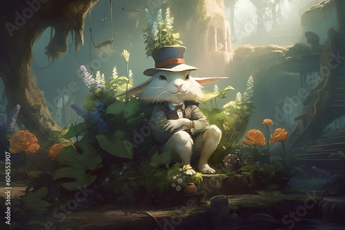A fairy tale scene of a rabbit sitting beside flowers. Generative Ai.