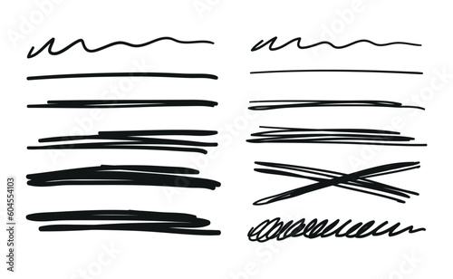 Set of hand drawn scribbles, strikethroughs, blots in text, highlighter, pen, pencil underlines. Abstract lines for the design of handwritten text. Vector illustration isolated on white background.
