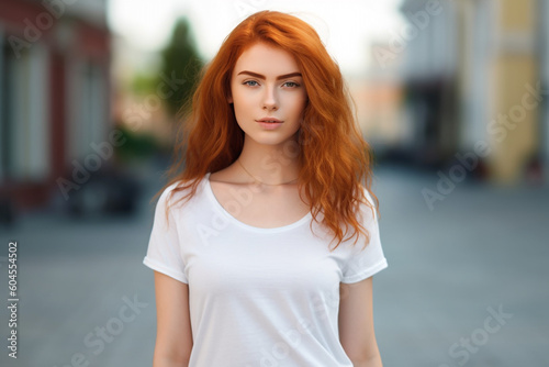 Portrait of a young woman with rich red color hair in the city. High quality photo Generative AI
