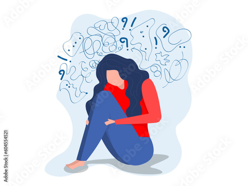 woman suffers from obsessive thoughts; headache; unresolved issues; psychological trauma; depression.Mental stress panic mind disorder illustration Flat vector illustration.