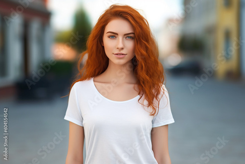 Portrait of a young woman with rich red color hair in the city. High quality photo Generative AI