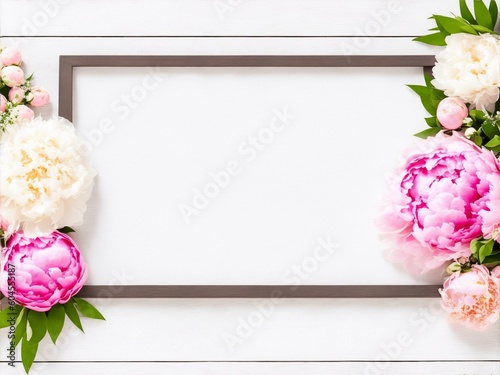 Decorative floral frame, banner made of pink and white peonies flowers. Old grey wooden table background. Flat lay, top view. Picture for blog. Summer wedding or birthday concept. Generative ai photo