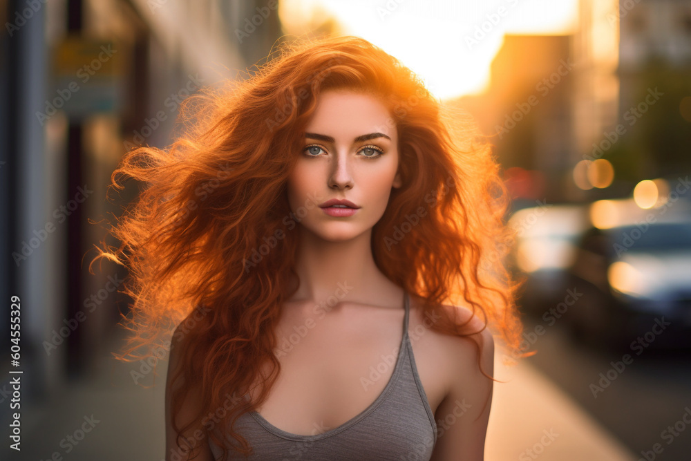 Portrait of a young woman with rich red color hair in the city. High quality photo Generative AI Portrait of a young woman with rich red color hair in the city. High quality photo Generative AI