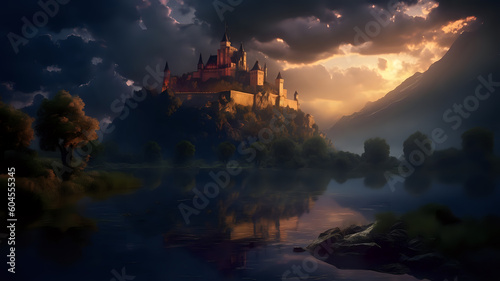 Beautiful sun beam hitting a castle in the morning. A lake in front of the castle. generative AI.