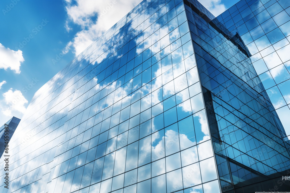 Reflective skyscrapers, business office buildings. Low angle photography of glass curtain wall details of high-rise buildings.The window glass reflects the blue sky and white clouds. Generative AI