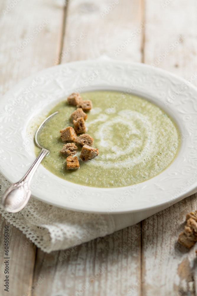 zucchinis soup with crusty bread and cream sauce zucchinis soup with crusty bread and cream sauce