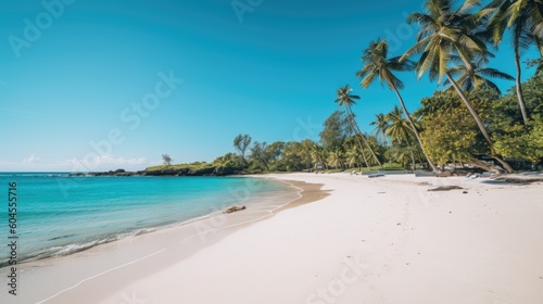 a beach with white sand, cerulean water, and palm trees