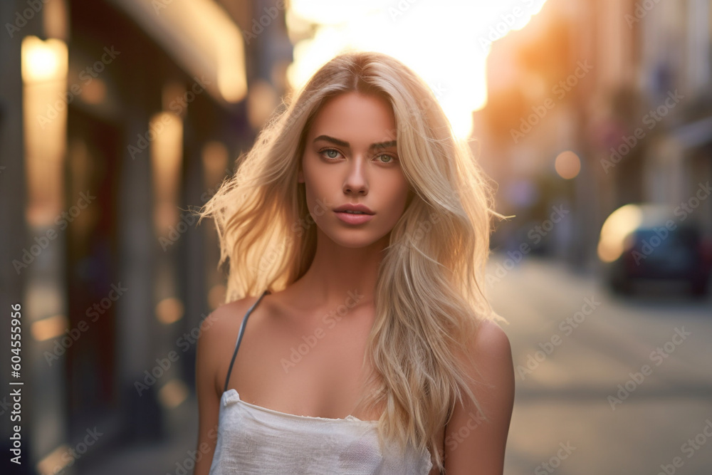 Portrait of a young woman with rich blond color hair in the city. High quality photo Generative AI