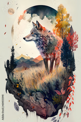 A colourful watercolor illustration of a wolf.