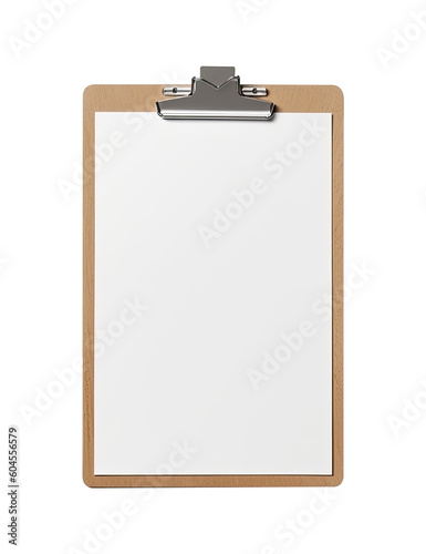 Mockup of wooden clipboard with blank paper isolated in transparent PNG, isolated design element, copy space. generative ai