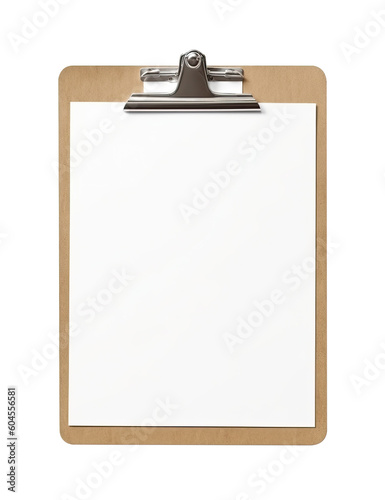 Mockup of wooden clipboard with blank paper isolated in transparent PNG, isolated design element, copy space. generative ai