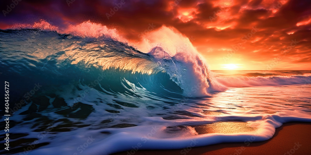 Waves crash on an unspoiled, sandy beach at twilight, Generative AI