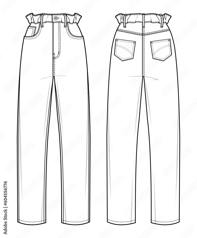paper bag waist Jeans flat technical drawing template. Denim jeans