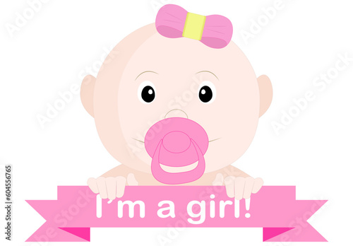 Vector illustration of newborn baby girl in pink color shades, isolated on white background, close up, maternity discharge, for a birthday photo shoot, for print, for balloons, for your design