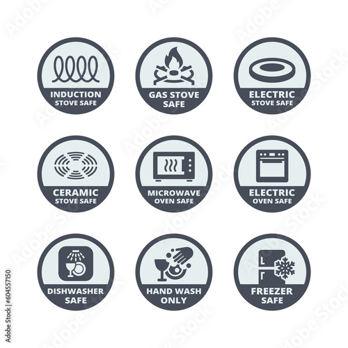 Electric, gas and induction stove safe label set. Dishwasher, microwave, electric safe labels for pots, pans and dishes.
