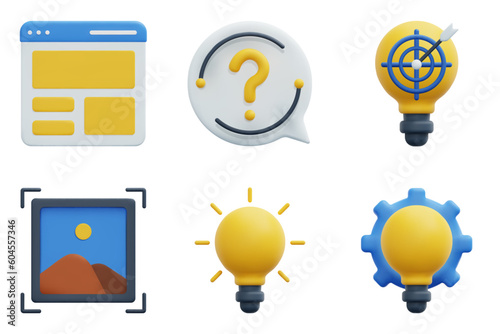 Design Thinking 3d vector icon set. Define, layout, interrogation, idea, ideate, image. Isolated on white background. 3d icon vector render illustration.