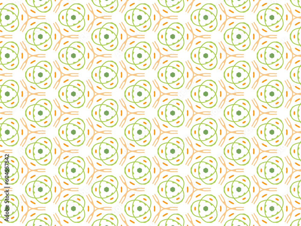 Vector Illustration of Orange and Green Abstract Mandala or Ikat Texture Seamless Pattern for Wallpaper Background.
