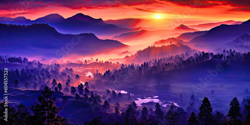 Mountaintop sunrise bathes the misty valley in radiant hues, Generative AI