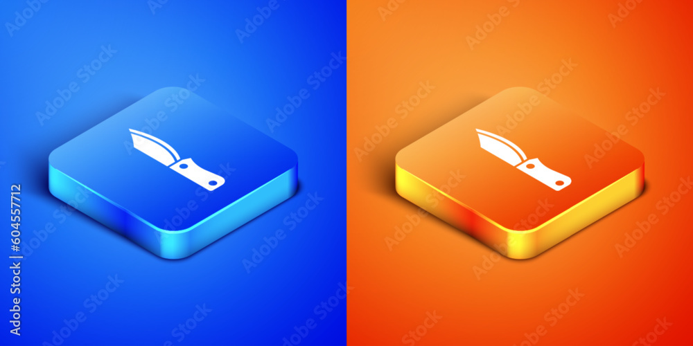 Isometric Military knife icon isolated on blue and orange background. Square button. Vector Isometric Military knife icon isolated on blue and orange background. Square button. Vector