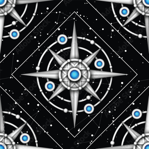Endless Texture of Cosmic Universe with Ice Crystal Mechanical Stars. Night Sky with Constellations, Nebulas, Comets, Stars, Planets etc. Futuristical Seamless Pattern. Vector 3d illustration © irinakrivoruchko