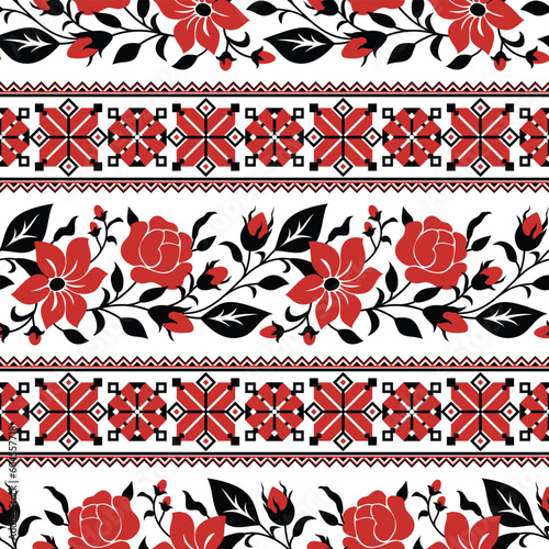 Seamless Pattern with Red Rose and Mallow Inspired by Ukrainian Traditional Embroidery. Ethnic Floral Motif, Handmade Craft Art. Ethnic Design. Horizontal Oriented Stripes. Vector Illustration