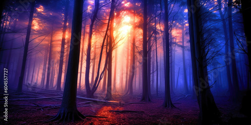 Hauntingly beautiful forest shrouded in fog, pierced by sun's first light, Generative AI