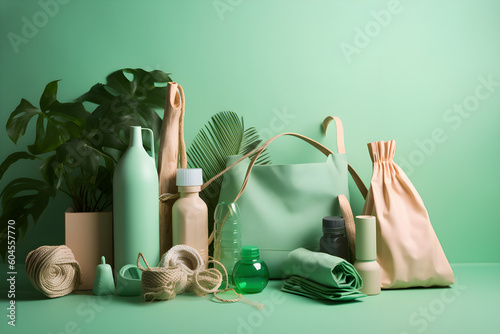 eco-friendly products such as reusable water bottles, shopping bags, and household items on green background, Generative AI