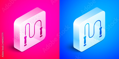 Isometric Jump rope icon isolated on pink and blue background. Skipping rope. Sport equipment. Silver square button. Vector