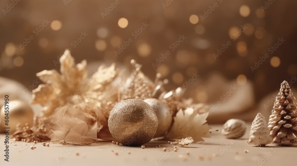 Obraz premium Christmas decoration bauble ball. Christmas and New Year background. Festive seasonal Christmas bright background. Holiday poster and banner, greeting card. generative ai