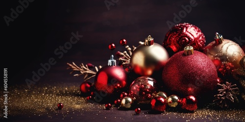 Christmas decoration bauble ball. Christmas and New Year background. Festive seasonal Christmas bright background. Holiday poster and banner, greeting card. generative ai