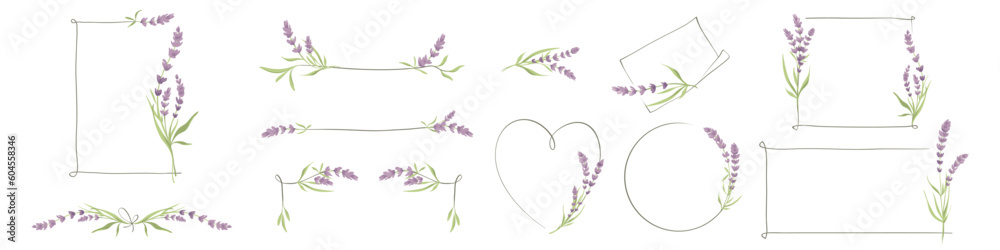 Frames from lavender flowers. Sketch in lines, freehand drawing. Set vector illustrations, summer flowers borders.