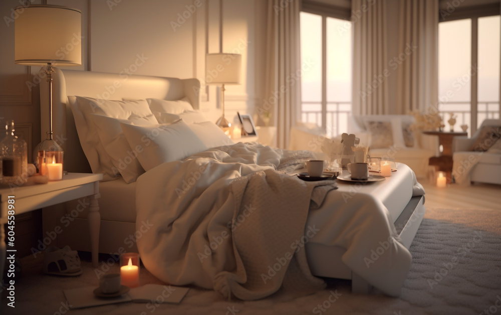 Calming Ivory Haven Serene Bedroom with Subtle Patterns and Soft Lighting,  Generative AI