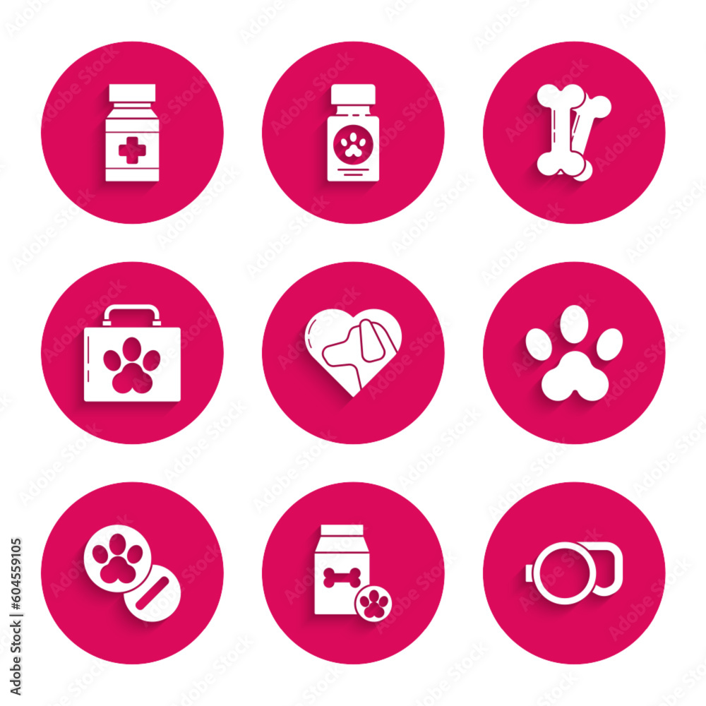 Set Heart with dog, Bag of food for pet, Retractable cord leash, Paw print, Dog and pills, Pet first aid kit, bone and medicine bottle icon. Vector