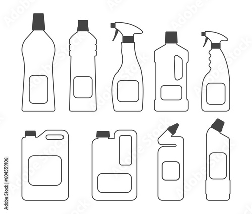 Spray  bottles isolated flat line icons set. Atomizer and construction foam  medical means container. Disinfection and cleaning  building and washing