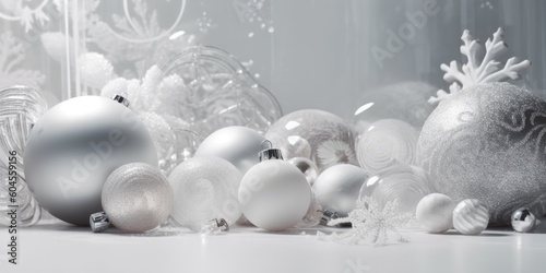 Christmas decoration bauble ball. Christmas and New Year background. Festive seasonal Christmas bright background. Holiday poster and banner, greeting card. generative ai