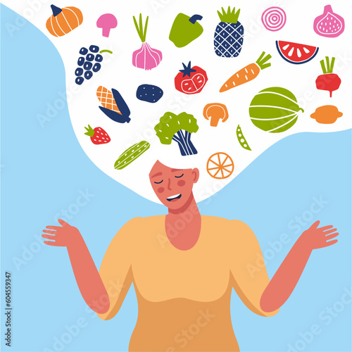 Vector illustration of a vegan girl on a diet with fruits and vegetables in her hair.