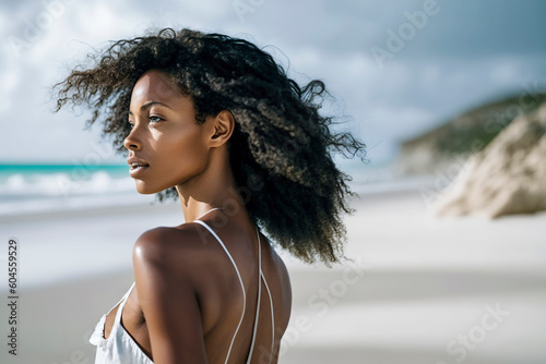 Serenity by the Shore: A Captivating Image of a Young Black Woman Embracing the Beauty of Nature at the Beach, ai generative