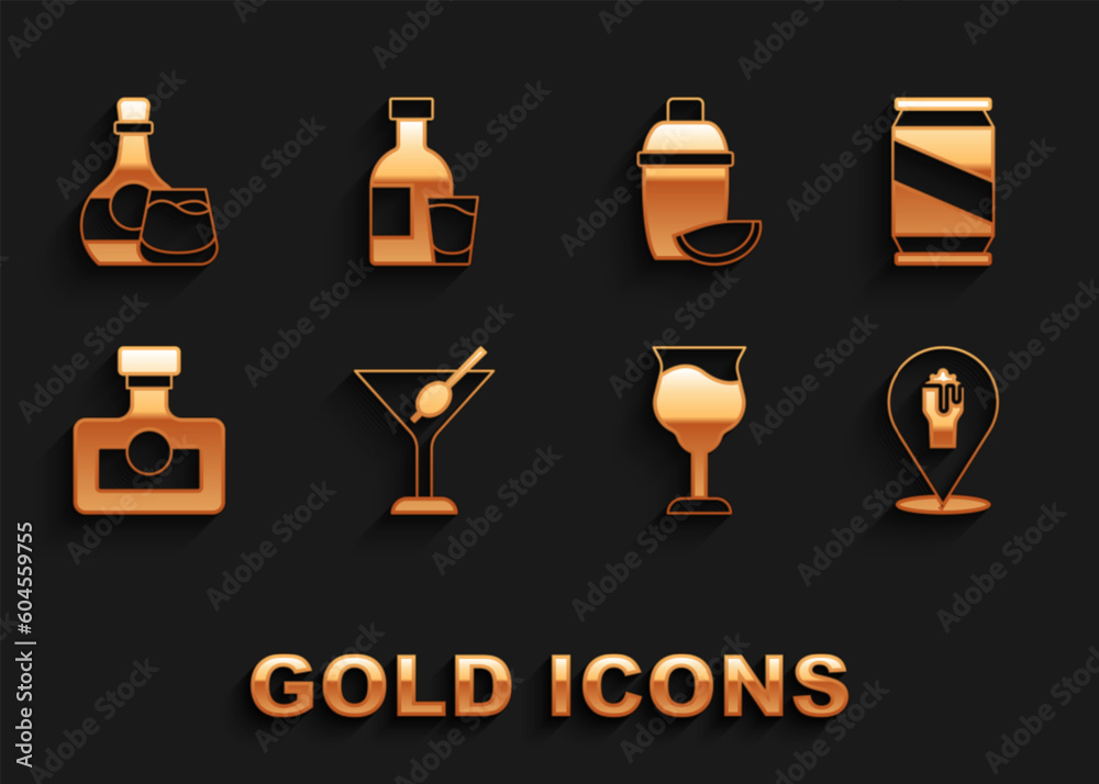 Set Martini glass, Beer can, Alcohol or beer bar location, Wine, drink Rum, Cocktail shaker with lime, Whiskey bottle and and Bottle of vodka icon. Vector
