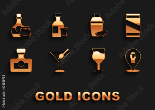 Set Martini glass, Beer can, Alcohol or beer bar location, Wine, drink Rum, Cocktail shaker with lime, Whiskey bottle and and Bottle of vodka icon. Vector