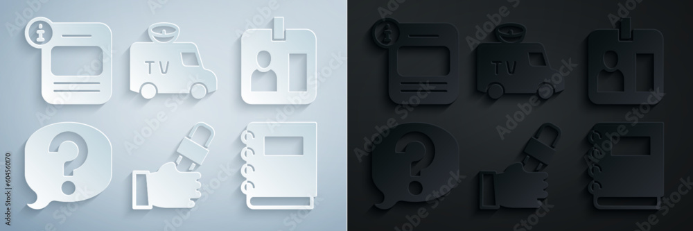 Set Journalist news, id card, Speech bubble chat, Notebook, TV News and Information icon. Vector Set Journalist news, id card, Speech bubble chat, Notebook, TV News and Information icon. Vector