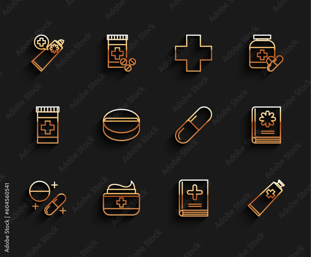 Set line Medicine pill or tablet, Ointment cream tube medicine, Medical book, and icon. Vector Set line Medicine pill or tablet, Ointment cream tube medicine, Medical book, and icon. Vector