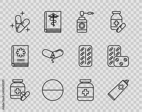 Obraz na plátně Set line Medicine bottle and pills, Ointment cream tube medicine, Medical with nozzle spray, or tablet, and Pills blister pack icon
