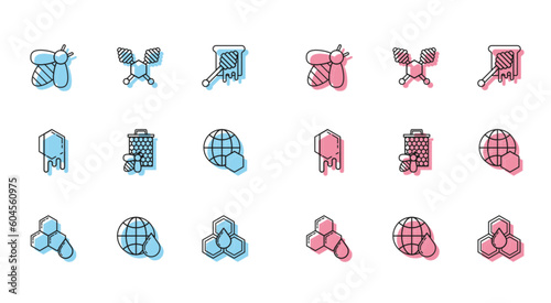 Set line Honeycomb, map of the world, Bee, and honeycomb, and dipper stick icon. Vector