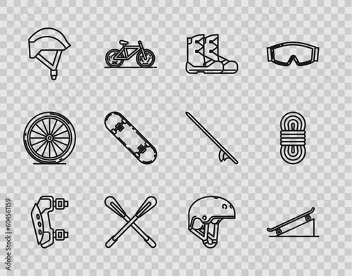 Set line Knee pads, Skateboard on street ramp, Boots, Crossed paddle, Bicycle helmet, trick, Helmet and Climber rope icon. Vector