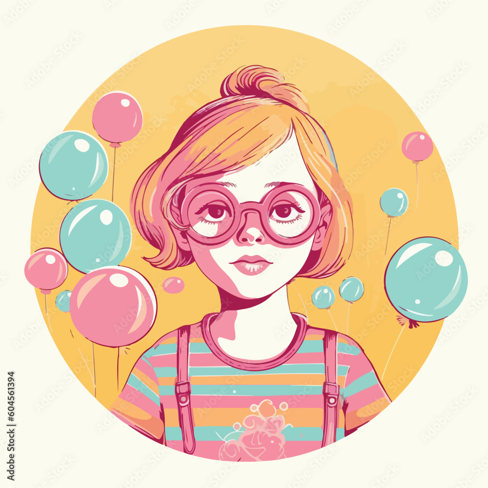 Portrait of a girl in glasses with air balloons, flat vector illustration Portrait of a girl in glasses with air balloons, flat vector illustration