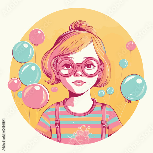 Portrait of a girl in glasses with air balloons, flat vector illustration