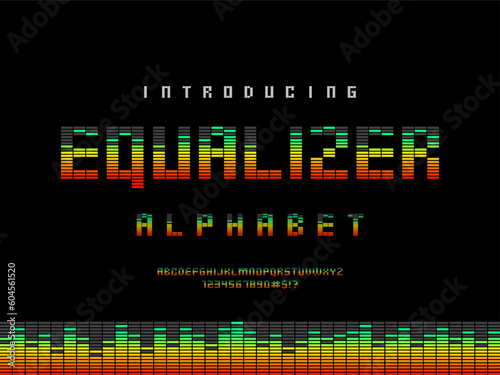 Equalizer techno style alphabet design with uppercase, numbers and symbol
