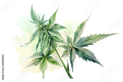 green cannabis plant pressed dried in the style of watercolor on a white background - 3:2