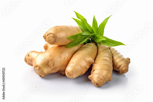 Close up, ginger root with green leaves isolated on white background. Fresh ginger rhizome with leaf on white background. Generative AI