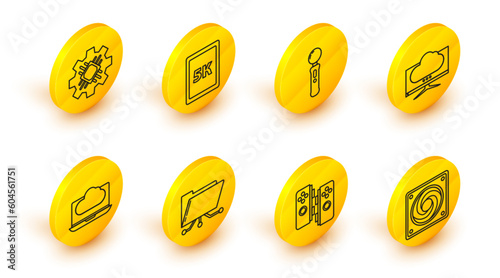 Set line Computer cooler, Gamepad, Folder and lock, Cloud technology data transfer storage, monitor screen, Tablet with text 5k and Processor icon. Vector